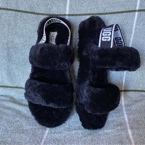 NWOT UGG Black “Oh Yeah” Sheepskin Furry Slides Slip-on Slippers